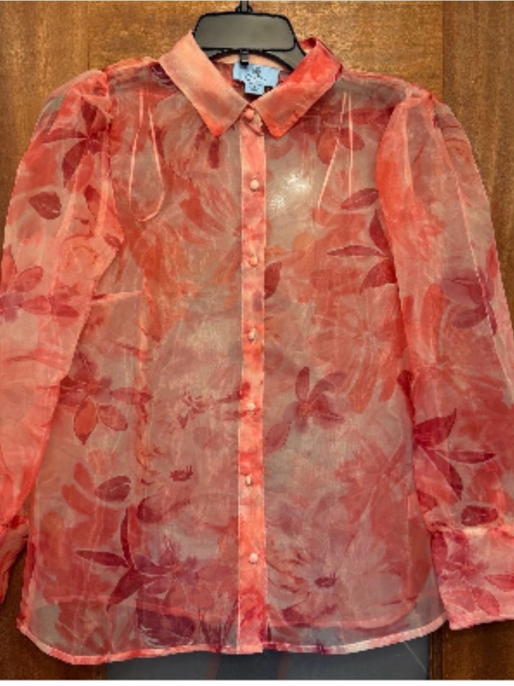 Cece Sheer Floral Button-Down Blouse in Coral